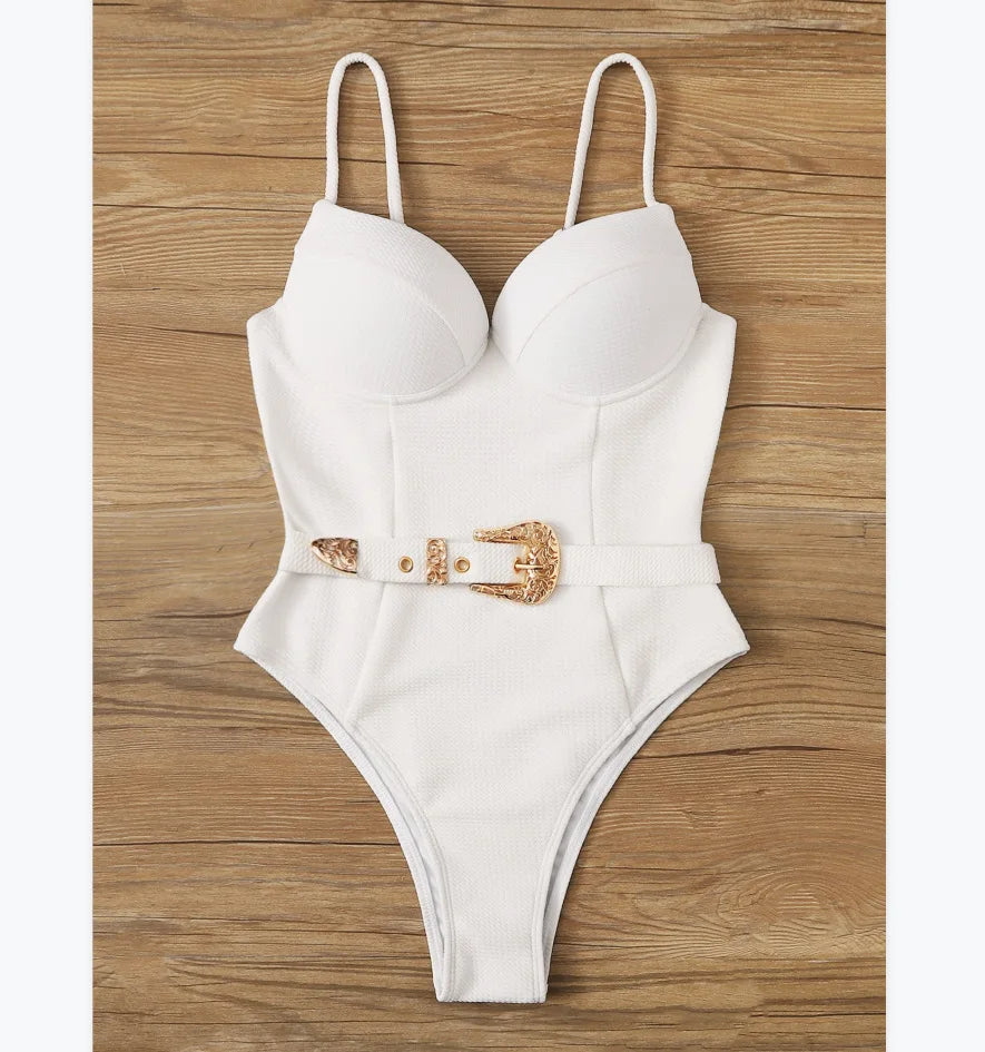 Sexy Push Up Underwire Swimwear Women Solid White Black Padded Buckle One Piece Swimsuit Beach Bathing Suit Bodysuit Monokini