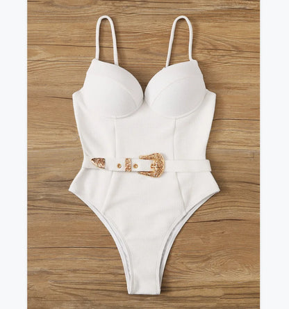 Sexy Push Up Underwire Swimwear Women Solid White Black Padded Buckle One Piece Swimsuit Beach Bathing Suit Bodysuit Monokini