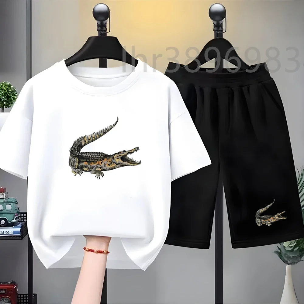 Summer Tees African crocodile print Set Suitable Children Short Sleeve Age 3-12 Girls boy Set Tshirt+Shorts 2pcs Kids clothing