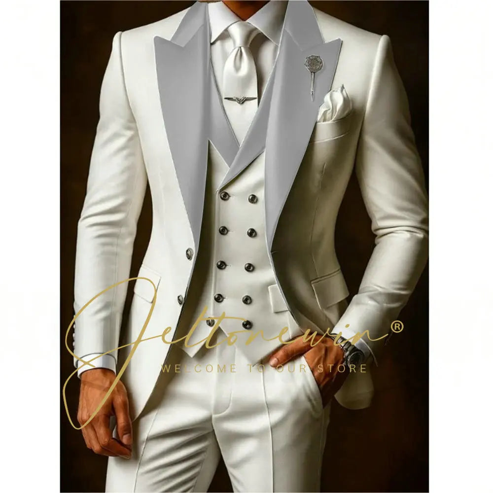 White Suits Set For Men Wedding Party Fashion Blazer Vest Pants Formal Groomsmen Tailor-made Male High Quality Groom Tuxedos