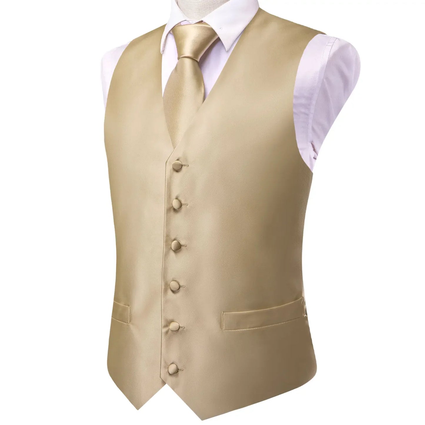 Champagne Mens Vest Tie Set Fashion Paisley Jacquard Western Waistcoat Necktie Hanky Cufflinks Wedding Business Gift Hi-Tie