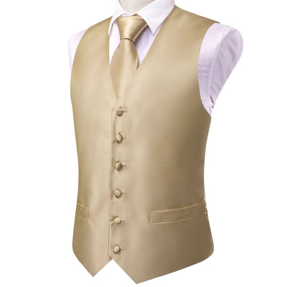 Champagne Mens Vest Tie Set Fashion Paisley Jacquard Western Waistcoat Necktie Hanky Cufflinks Wedding Business Gift Hi-Tie