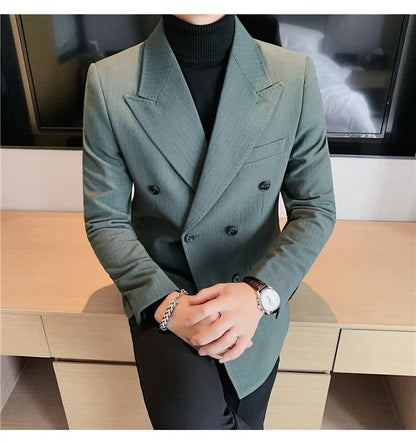 Classic Luxury Striped Men Suit Jacket Fashion Double Breasted Business Office Wedding Tuxedos Male High Quality Slim Fit Blazer