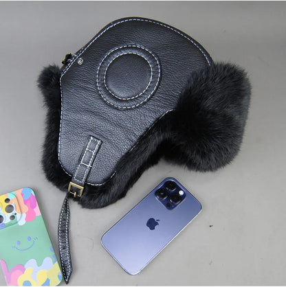 Hot Sale Winter Women's 100% Real Rabbit Fur Bomber Hat Ushanka Cap Trapper Russian Woman Ski Hats Caps Real Sheepskin Leather