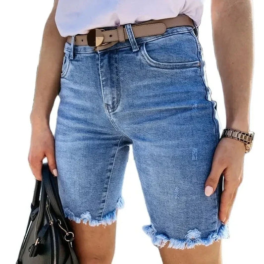 2024 Summer New Vintage Middle Waist Fashion Casual Denim Shorts Push Up Slim Biker Shorts Women Streetwear Ripped Short Jeans
