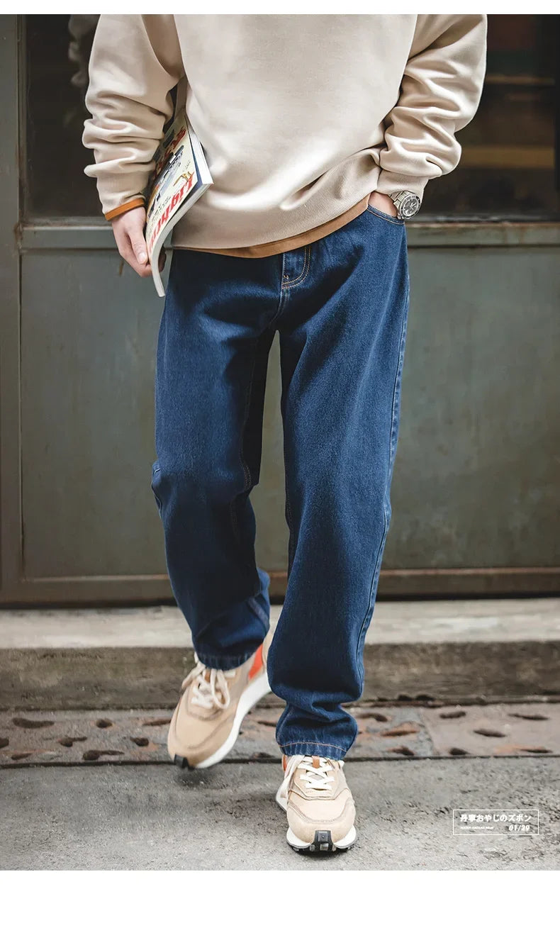 Men Vintage Washed Denim Jeans 12.8 OZ Straight Dark Blue Loose Casual Wide Leg Pants Male Streetwear Blue Jeans Trousers