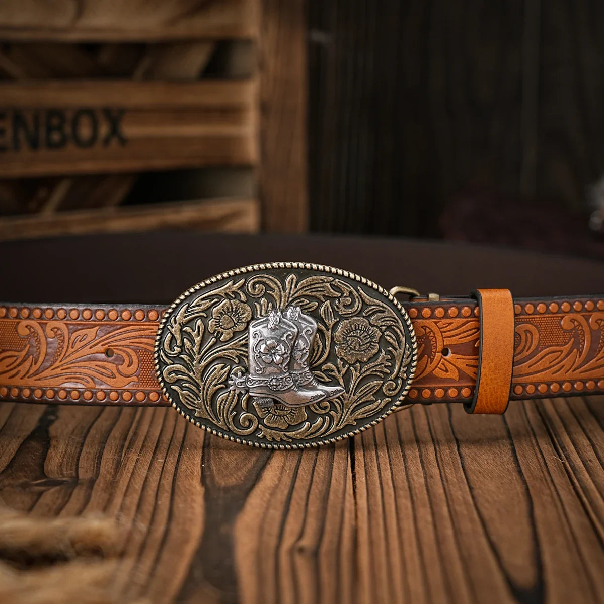 Men & Women-Western-Cowboy-PU Leather-Belts - Vintage Belt Floral Engraved Buckle Belt for Jeans