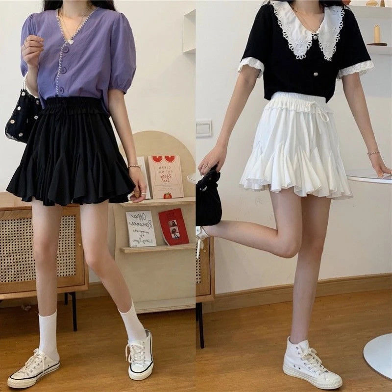 Summer Ball Gown White Mini Skirts Women 2024 Casual High Waist Ruffles Faldas Korean Bow Harajuku Y2k Micro Tennis Skirt Black