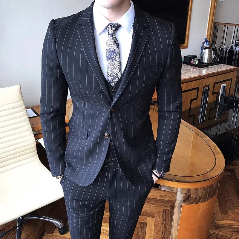 Blue Men Classic Striped/Checked Suits, Asian Size Slim Fit Business Office 3-Piece Sets, Black/Gray and Red Available.