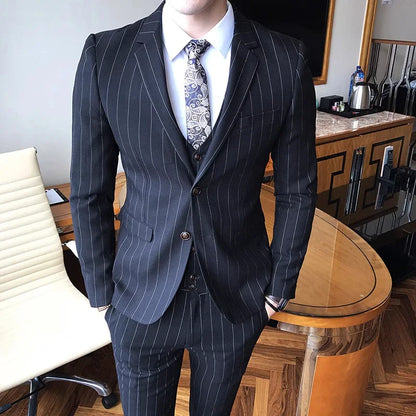 Blue Men Classic Striped/Checked Suits, Asian Size Slim Fit Business Office 3-Piece Sets, Black/Gray and Red Available.