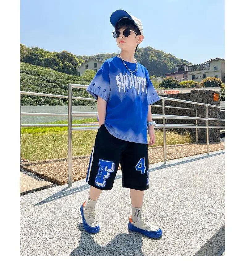 Summer Boys Cotton Alphabet Tie Dye t-Shirt Tops+Sweat Shorts Pant School Kids Tracksuit Child 2PCS Outfit Workout Set 5-16Years