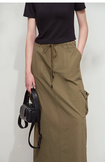Minimalist Women Clothing Skirt 2025 Autumn New Casual Loose Multi-pocket Drawstring Elastic Waist Long Skirt 12522020