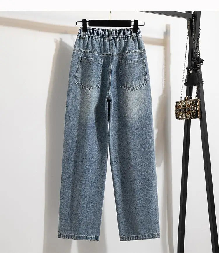 High Waist Wide Leg Cotton Denim Dstring Loose Fit Women's Autumn 2024 Slimming Effect Pure Cotton Casual Trousers