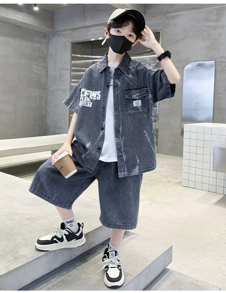 Cool Summer Set for Boys Denim Top and Bottom Set Kids Child Short Sleeve Shirt And Shorts 2 Pieces Outfits Suit Age 5-14 Years