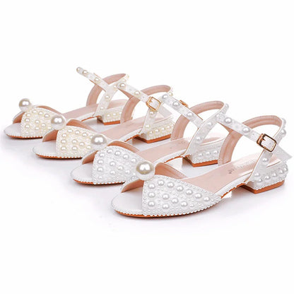 Summer new 2-cm square-heeled silk ribbon pearl rhinestone low-heeled wedding shoes beaded lace-up flat large-size women sandals
