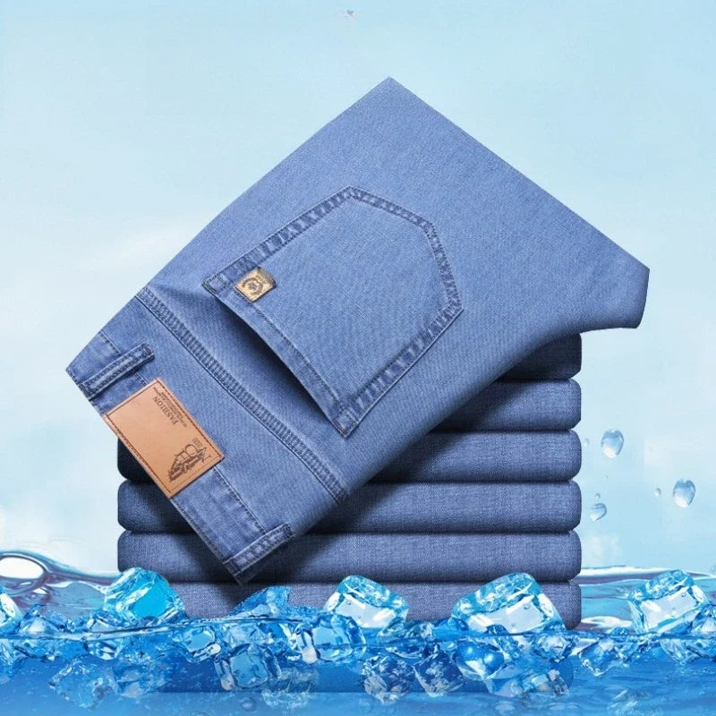 Men's Ice Silk Jeans Summer New Lyocell Thin Business Casual Denim Pants Classic All Match Slim Fit Straight Elastic Jean Male
