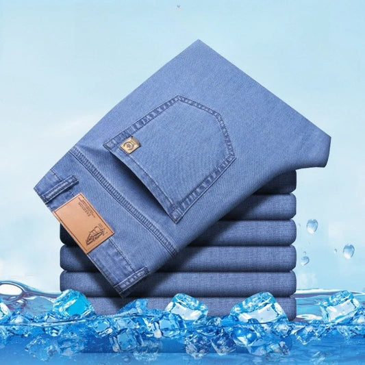 Men's Ice Silk Jeans Summer New Lyocell Thin Business Casual Denim Pants Classic All Match Slim Fit Straight Elastic Jean Male