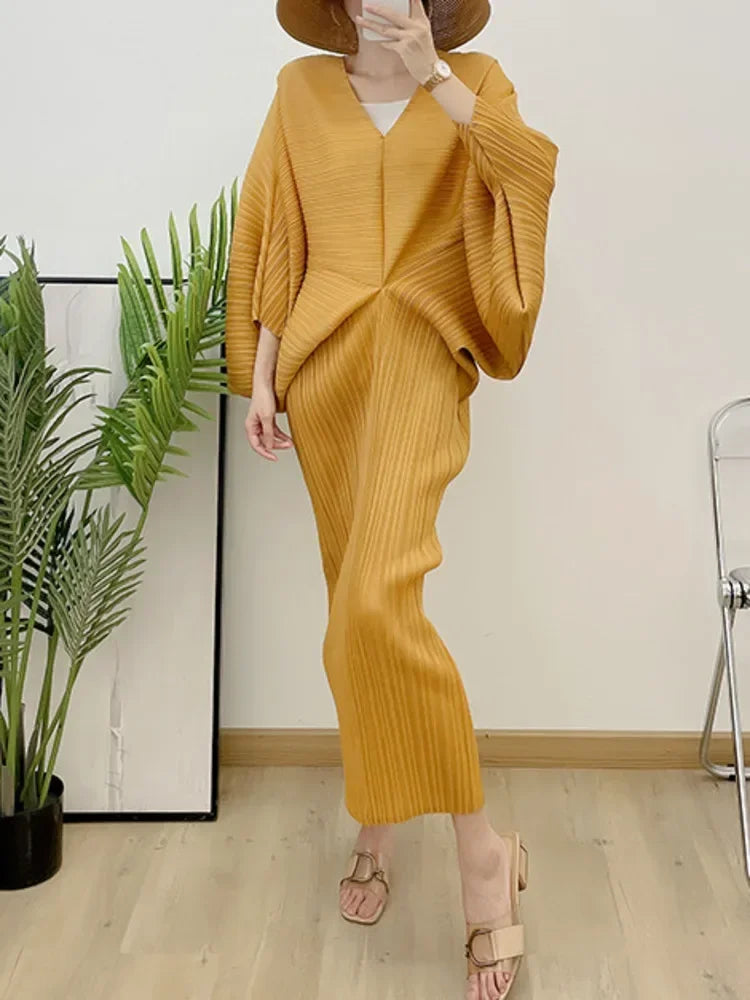 Fold Elegant Pleated V-neck Batwing Elastic Sleeve Mid-calf Dress Women Loose Solid Color 2025 Summer Female New Clothing