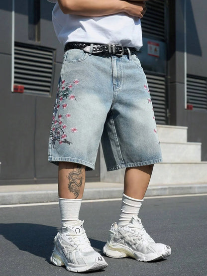 Men's Light Blue Cherry Blossom Embroidered Denim Shorts, Loose Wide-Leg Streetwear Trendy Denim Capris