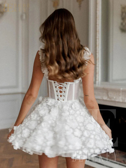 Customized 3D Flower Mini Prom Dresses Short Spaghetti Straps A-line Lace Evening Party Dress Formal Party Gown Robe