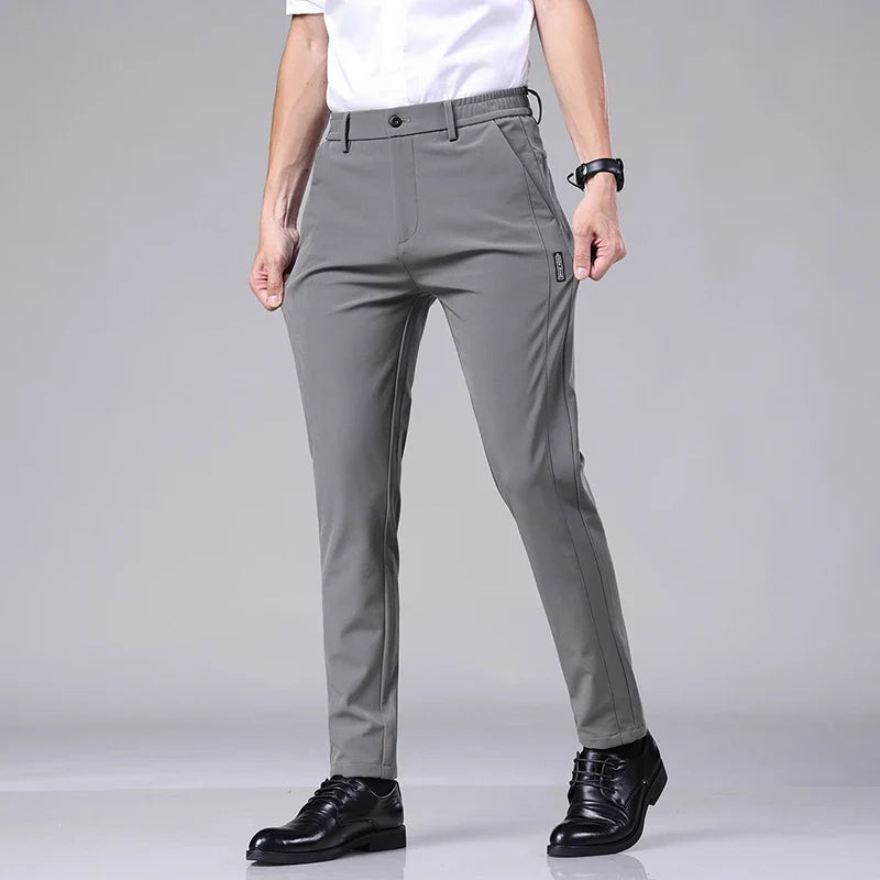 Ultra-thin Elastic Men's Casual Trousers Summer Quick-drying Ice Silk Slim Straight Business Solid Color Trousers Black Gray