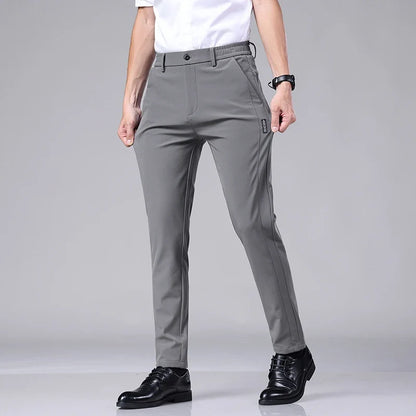 Ultra-thin Elastic Men's Casual Trousers Summer Quick-drying Ice Silk Slim Straight Business Solid Color Trousers Black Gray