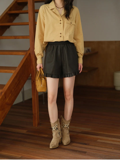 Women's Retro Yellow Lapel Cotton Shirt 2025 Autumn Loose Casual Top Contrasting Button with Pocket Shirts MXE41C2356