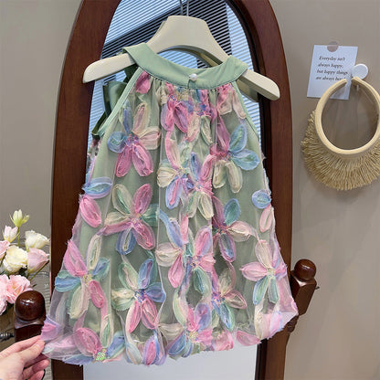 Bear Leader Girl Dress 2025 Summer New Girl Dress Princess Dress Little Girl Fashion Colorful Flower Yarn Dresses Kid Clothes