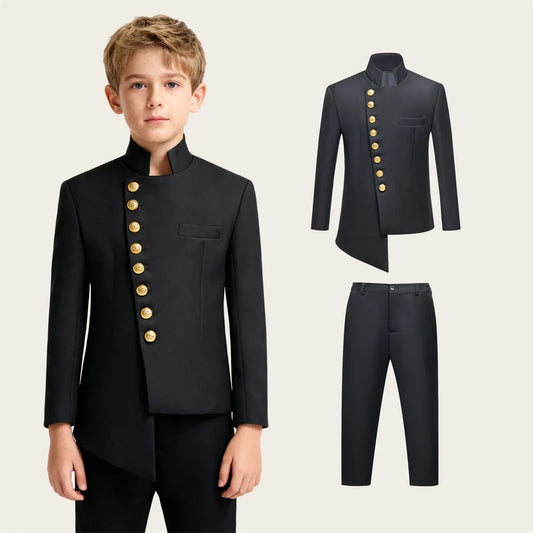 Designer Kids Suit Gold Button 2-Piece Jacket Pants Set for Children 3-14 Yrs Half Stand Collar Birthday Christmas Party Oufit