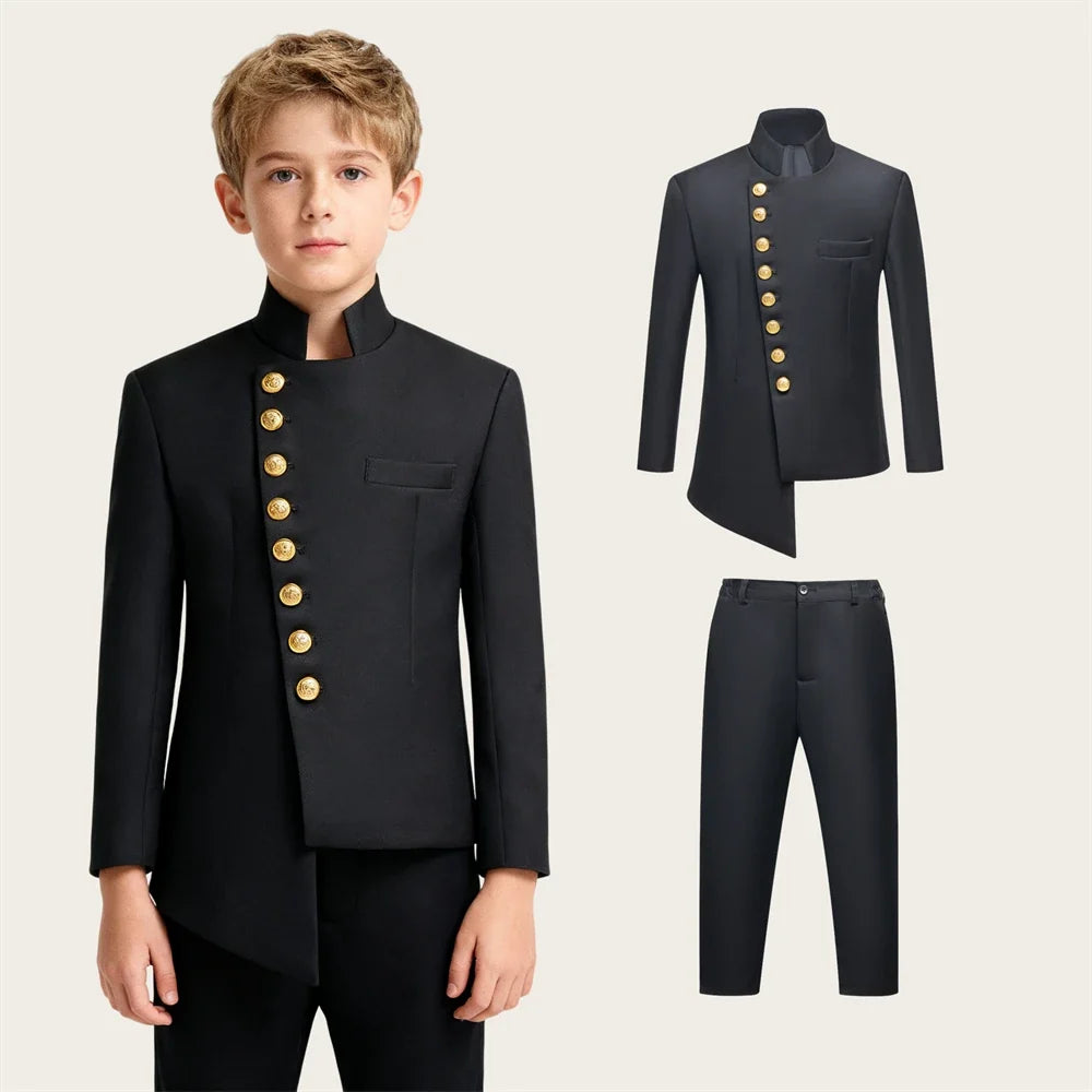 Kids' Two - Piece Suit Set: Royal Blue Jacket with Gold Buttons & Pants, Formal Outfit for Boys