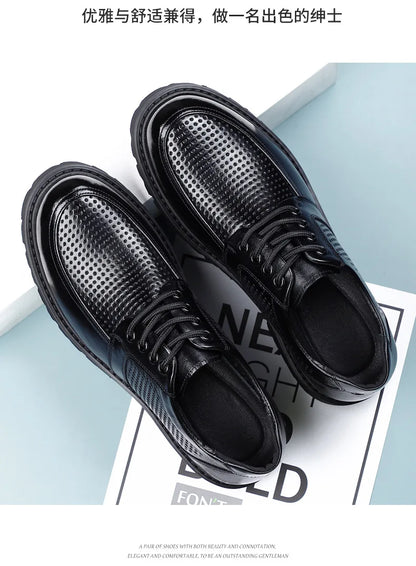 2026 Summer New Hallow Leather Shoes for Men Black Fashion Business Dress Shoes Male Lace Designer Platform Shoe Man