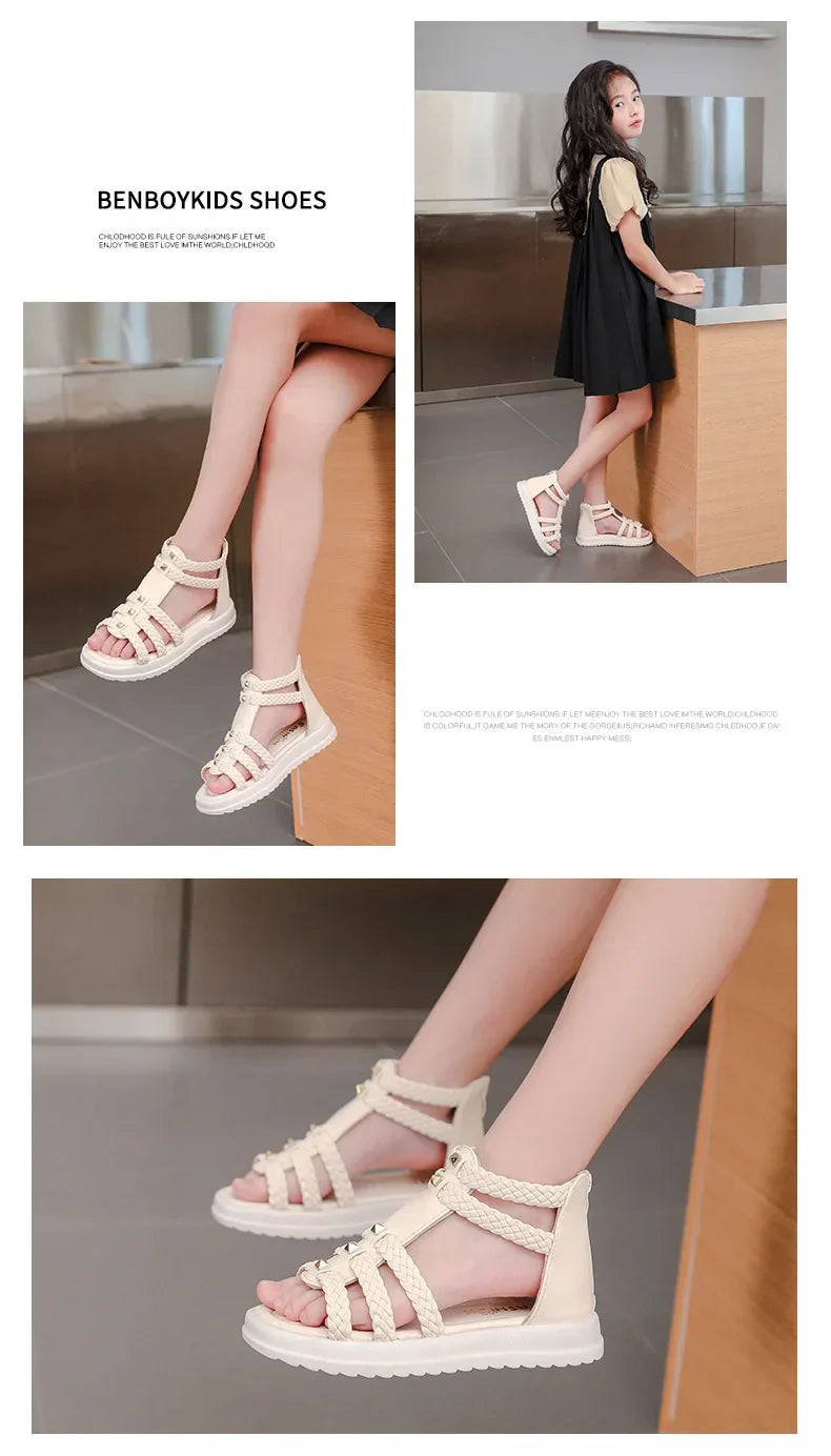 2026 Summer Gladiator Children Sandals Girl Soft Princess Shoes Retro Black Roman Sandal Outdoor Braided Shoe White Kids Shoes
