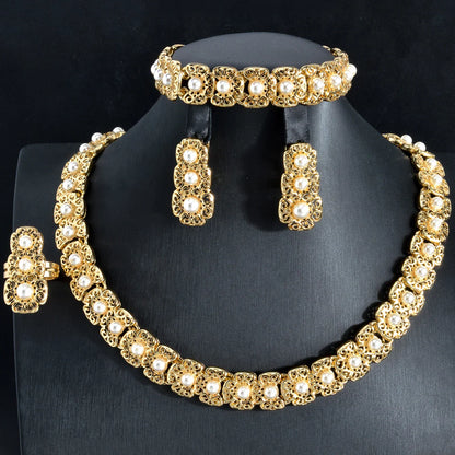 Dubai Luxury Quality Jewelry Set For Women Trend Pearl Necklace Bracelet Ring Earrings Jewelry Set 18k Gold Plated Jewelry