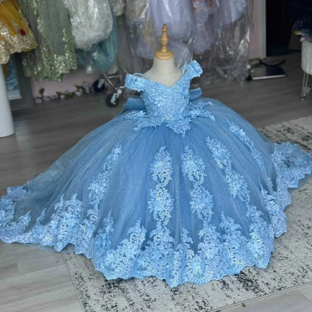Customized Blue Flower Girl Dress For Wedding Floor Length Appliques Sequins With Bow Luxury First Communion Banquet Ball Gown