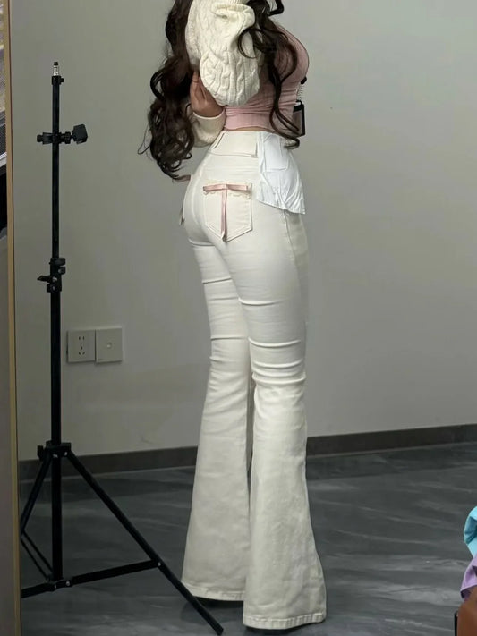 High Waist Bell Bot Jeans Lace  Knot Plump Hip Milk White Spring New Sle Lift Butt Casual Cotton Stretch Denim