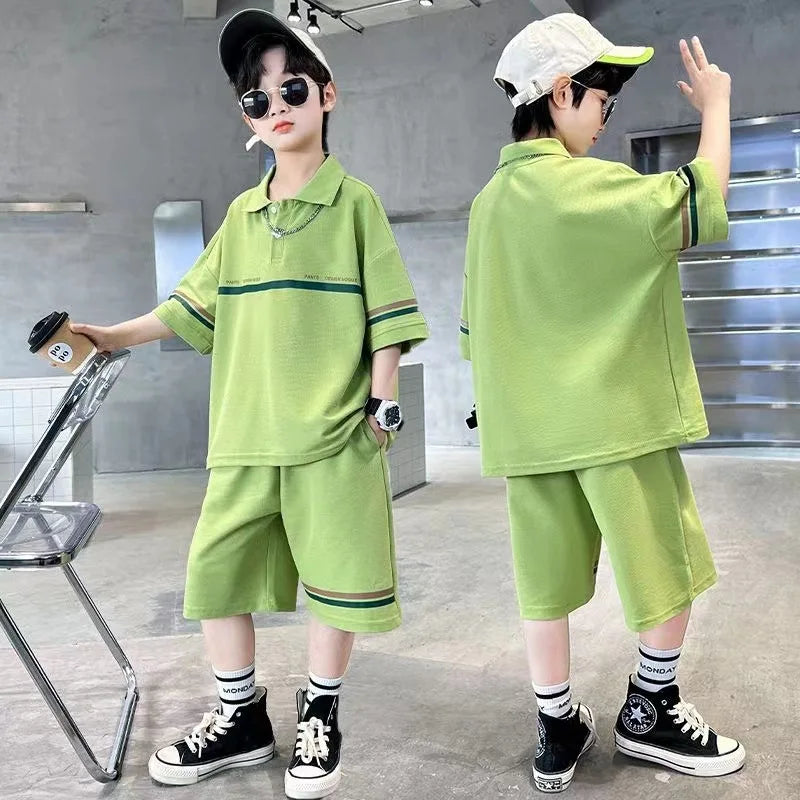 Summer Boys Cotton Loose Alphabet Stripes T-Shirt Tops+Shorts Pant Sets School Kids 2PCS Tracksuit Children Outfits 3-16 Years
