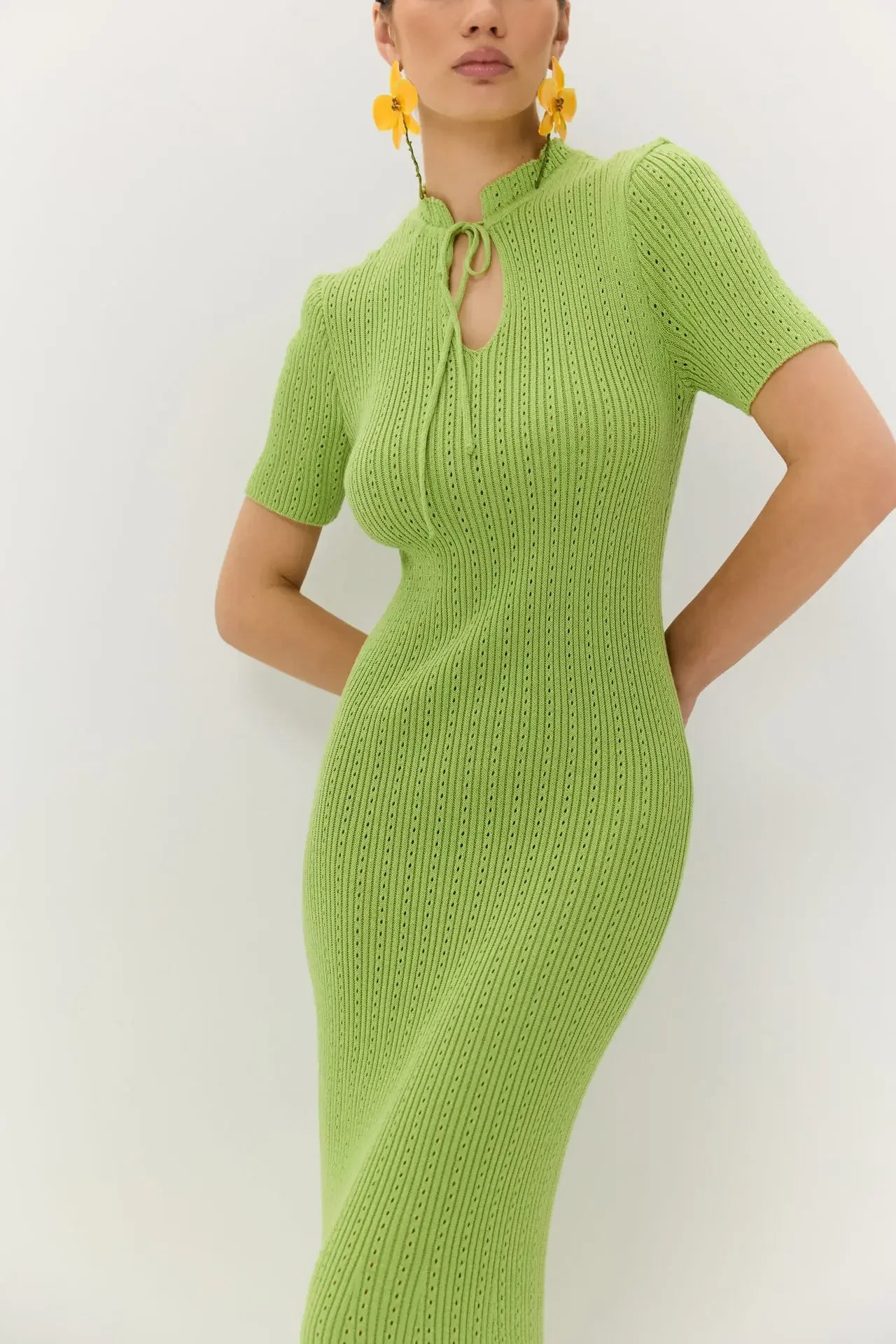Retro Knitted Long Dress Female Short Sleeve Slim Hollow Retro Elegant Sweater Dress 2025 Summer High Waist Woman Dress