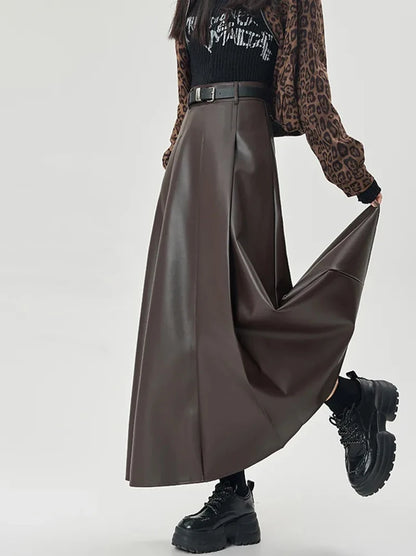 Vintage PU leather women midi skirts Y2K Autumn high waist Streetwear with belt pleated Skirt female elegant Solid A line skirts