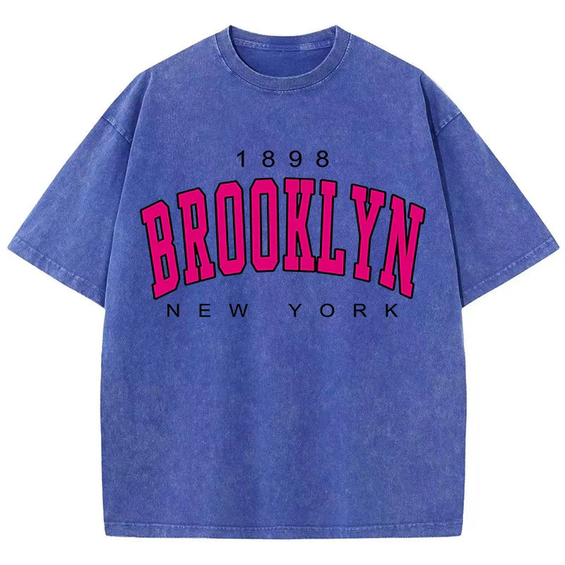 Womans Cotton Washed T-Shirts Fashion Loose O-Neck Short Sleeve Brooklyn New York Printing Tops Summer Street Female Clothes