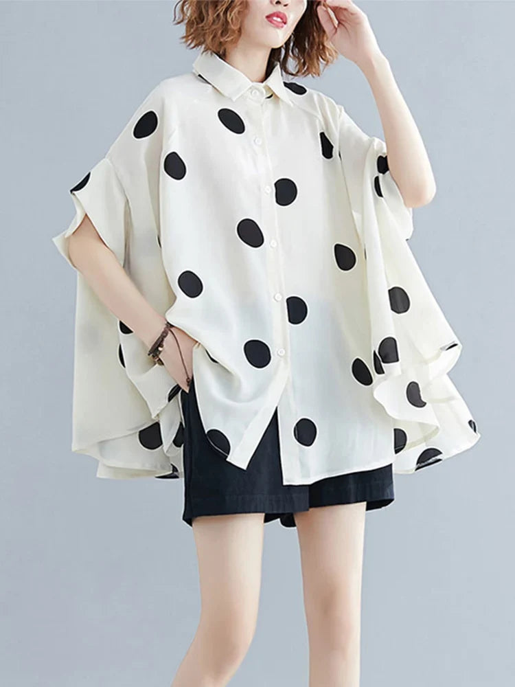 Black Vintage Polka Dot Print Blouse Women New Chiffon Lapel Short Sleeve Loose Casual Shirt Tops Fashion Summer Clothes 2026