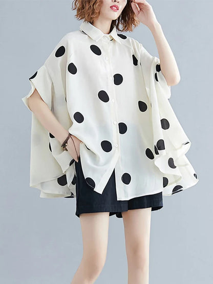 Black Vintage Polka Dot Print Blouse Women New Chiffon Lapel Short Sleeve Loose Casual Shirt Tops Fashion Summer Clothes 2026