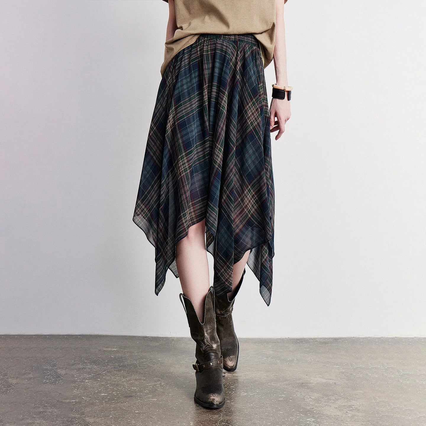 Women Chiffon Print Skirt 2026 Summer New Boho Retro Plaid Asymmetric Elastic Waist