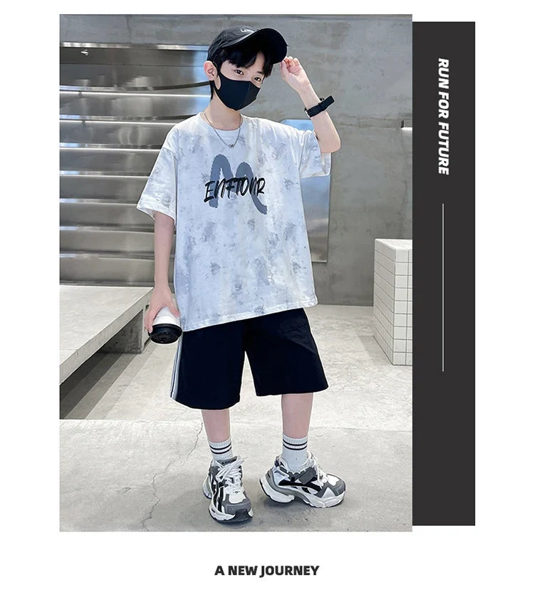 New Casual Boys Cotton Top summer Bottoms Clothes Set for Teenager Child Fashion Outfit Kids T-shirt Shorts Two Pieces Clothing