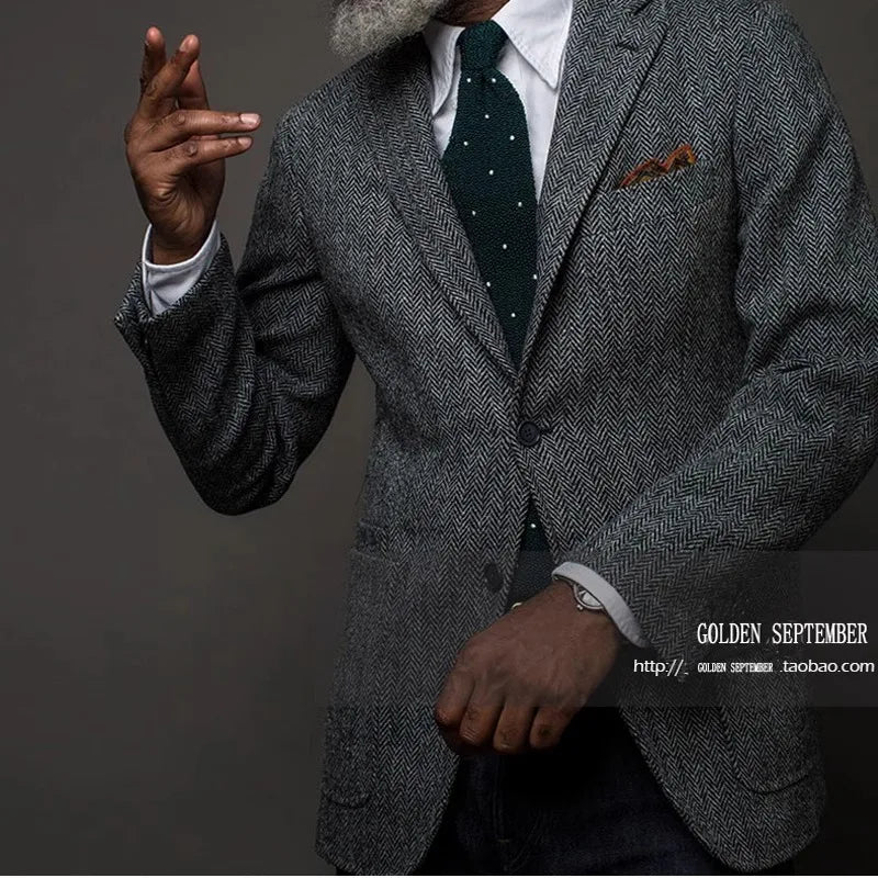 Uncle Nick's Wooster-Style Suit, Autumn and Winter Vintage Tweed Wool Herringbone Pattern Men's Blazer Suit