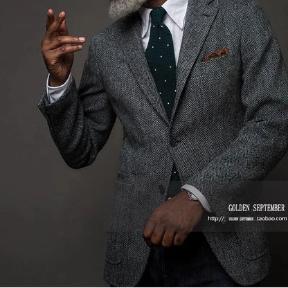 Uncle Nick's Wooster-Style Suit, Autumn and Winter Vintage Tweed Wool Herringbone Pattern Men's Blazer Suit