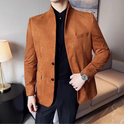 New Blazer Cowhide Velvet Korean Version Business Slim Fit Suit Stand Collar Fashionable Casual Suit Jacket Men Formal Clothing