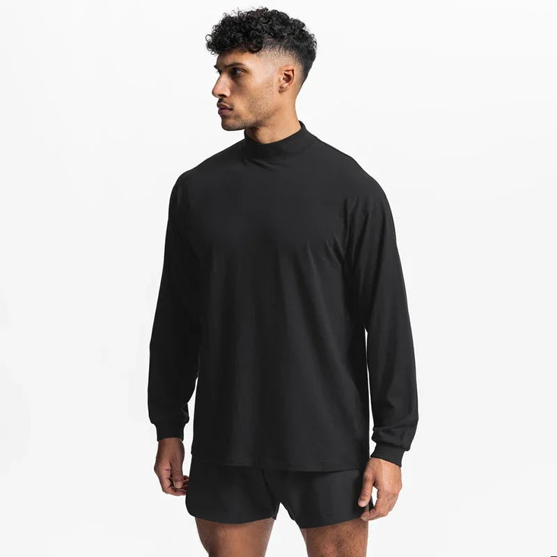 Oversized Long Sleeve Running T-shirts Mens Turtleneck Dropped Shoulder Loose Sports Fitness T Shirt Gym Bodybuilding Tops Tees