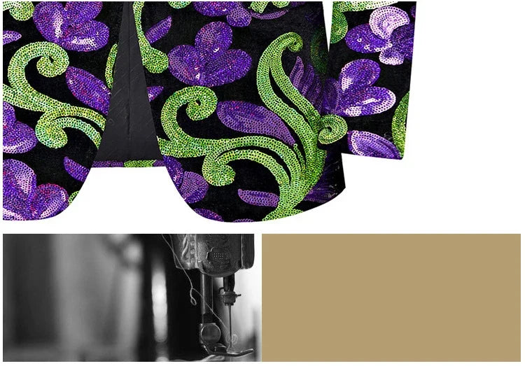 2024 New Flat Velvet Large Flower Sequin Jacquard Mens Blazer, Purple  Stage Performance Suit Dress, Host Fashion Show Jacket