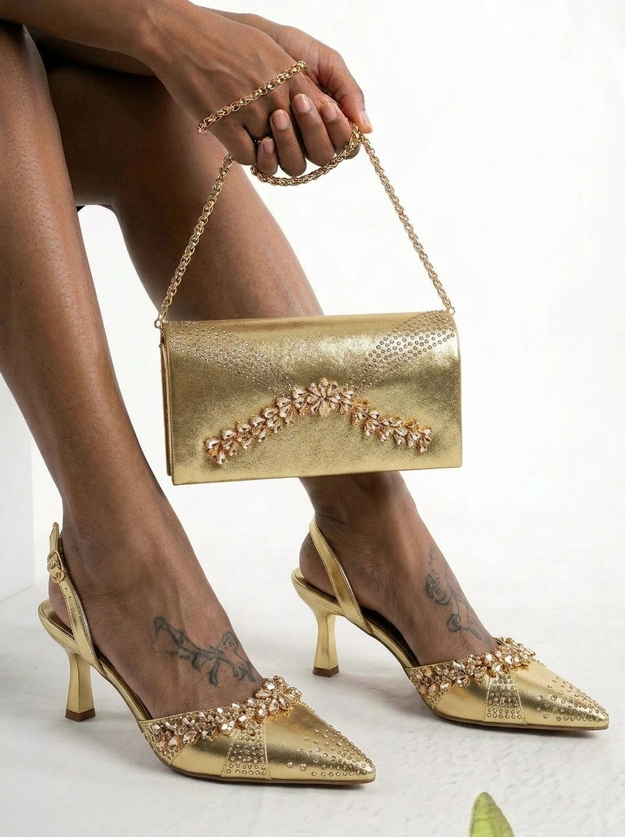 2026 Italian Inspired Gold Rhinestone HAND CRAFTED UPPER Pointed Toe Women High Heels Shoes and Bag Set Elegant Party Shoes