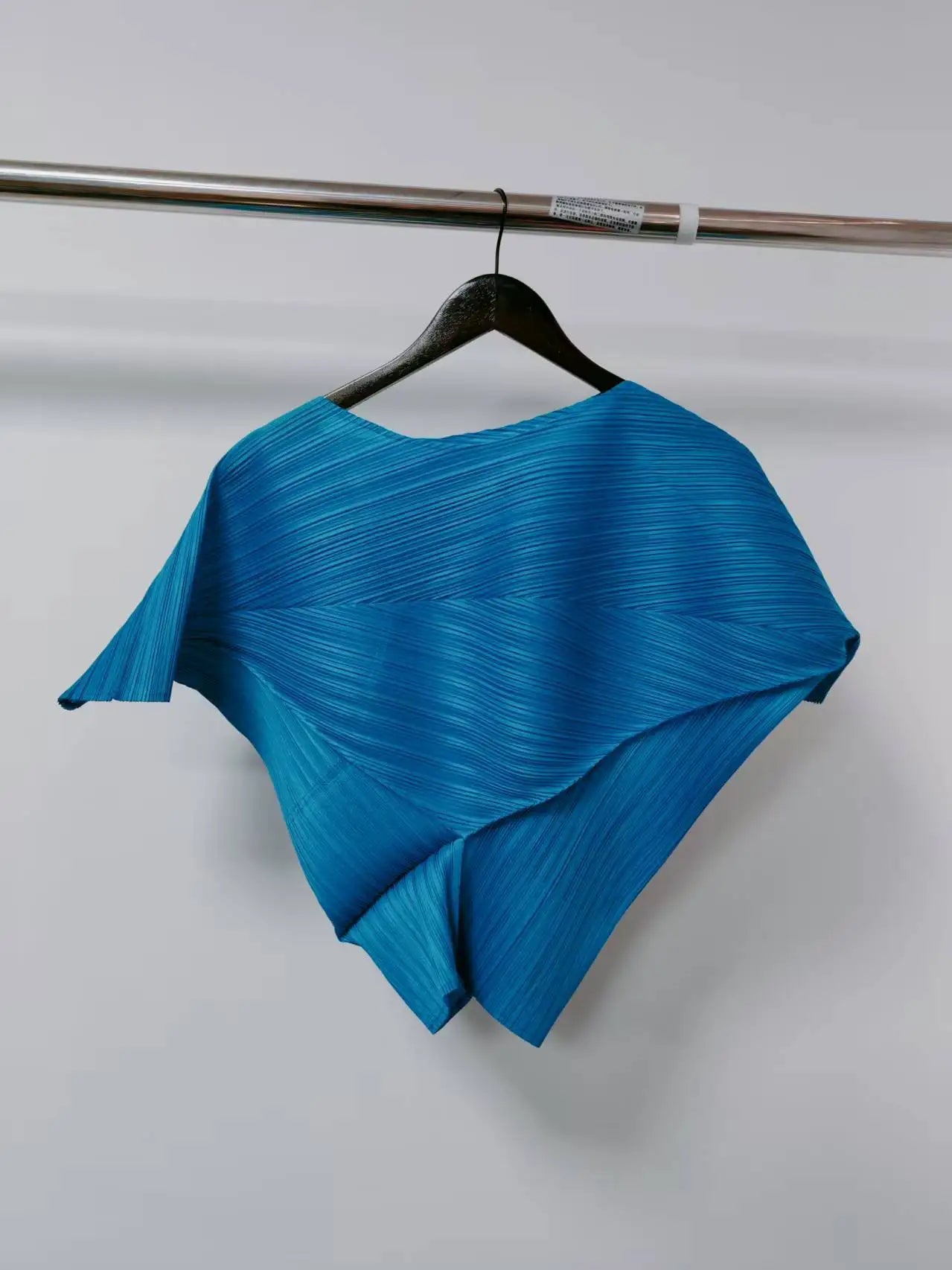 Vibrant Cyan Blue Miyake Pleated Asymmetric Short Sleeve Top, Irregular Hem Women's Casual All Match Modern Stylish Blouse